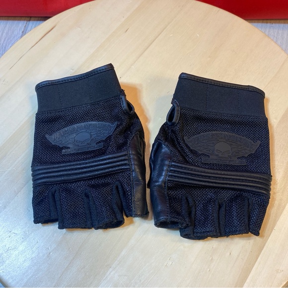Harley-Davidson Fingerless Motorcycle Gloves Leather Skull Logo Mens Large - Picture 1 of 4